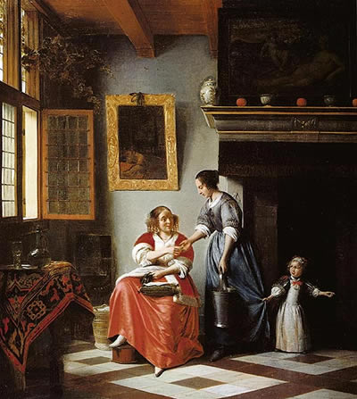 Pieter de Hooch is een tijdgenoot geweest van Jan Steen die vaak de interieurs van rijke burgers op het doek heeft vastgelegd.